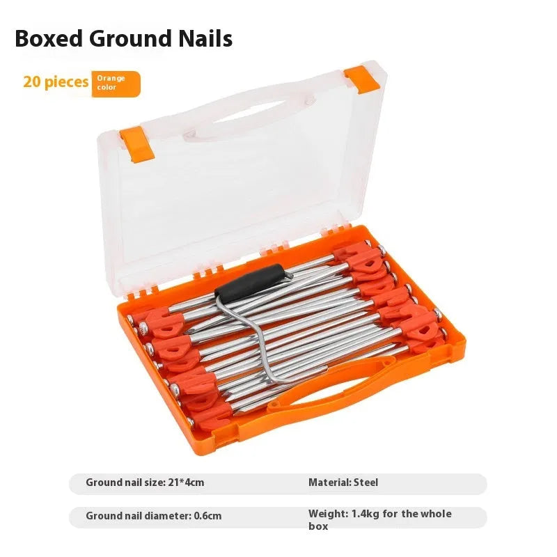 Boxed orange tent nail with small flat plastic head, 6.5 x 20.5mm camping ground stake