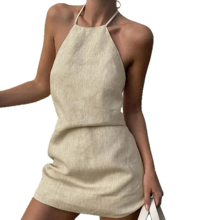 Women's solid colour A-line summer dress in cotton linen blend fabric
