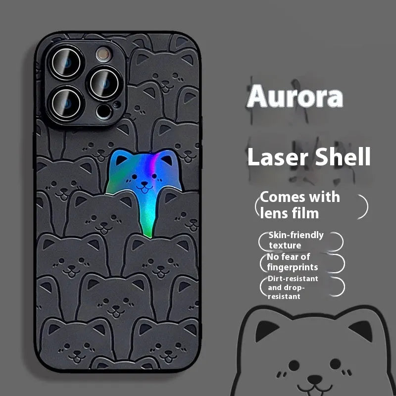 Laser full screen bear cat phone case in TPU imitation leather, yellow black silver grey, for Apple iPhone 11 to 15