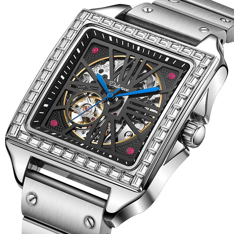 Square diamond-studded automatic watch for men in business style with black or white options