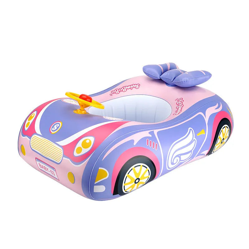 Pink inflatable car swimming ring for kids with a steering wheel, for pool and beach use.