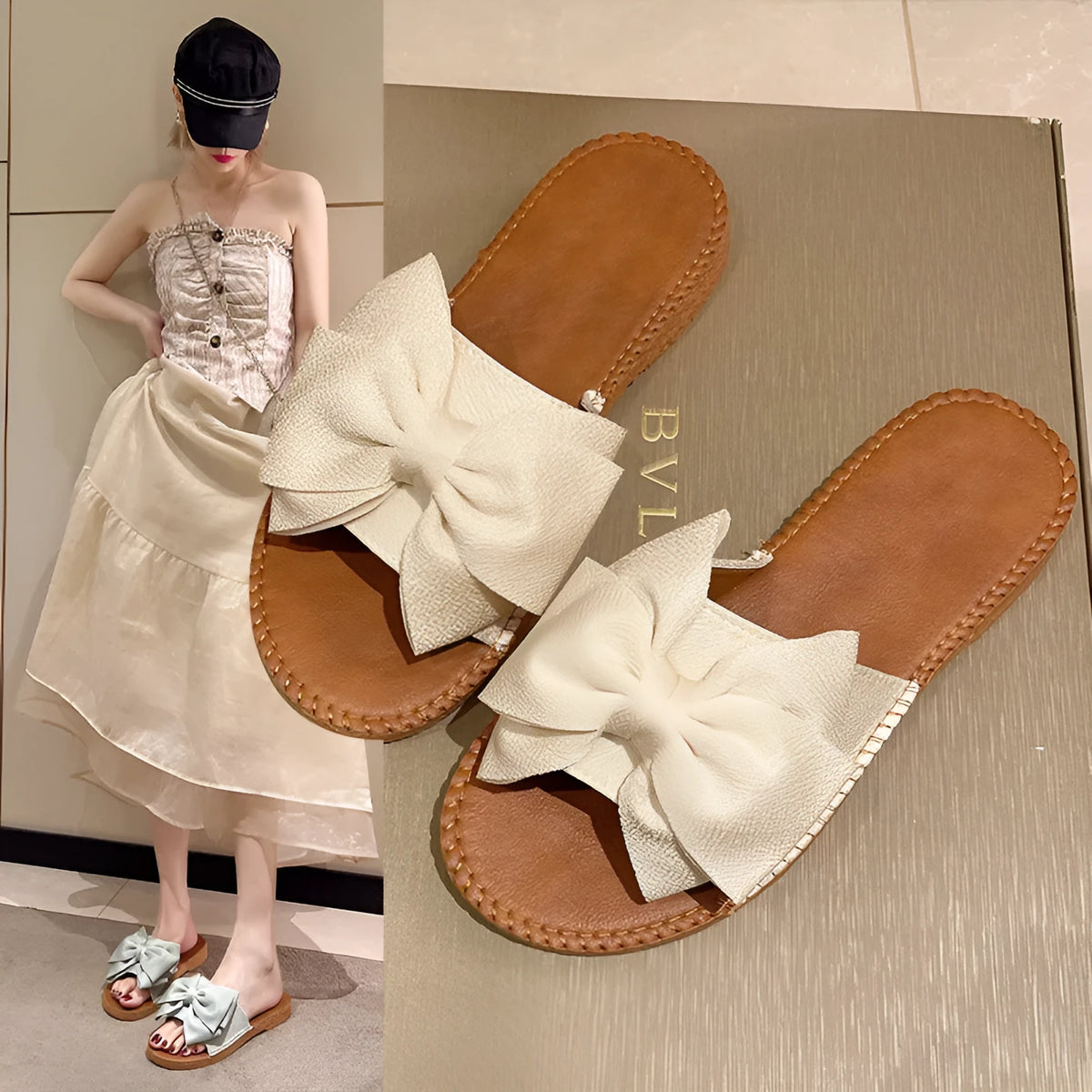 Women's beige slip-on sandals with a suede cloth upper, soft rubber sole, and decorative bow.