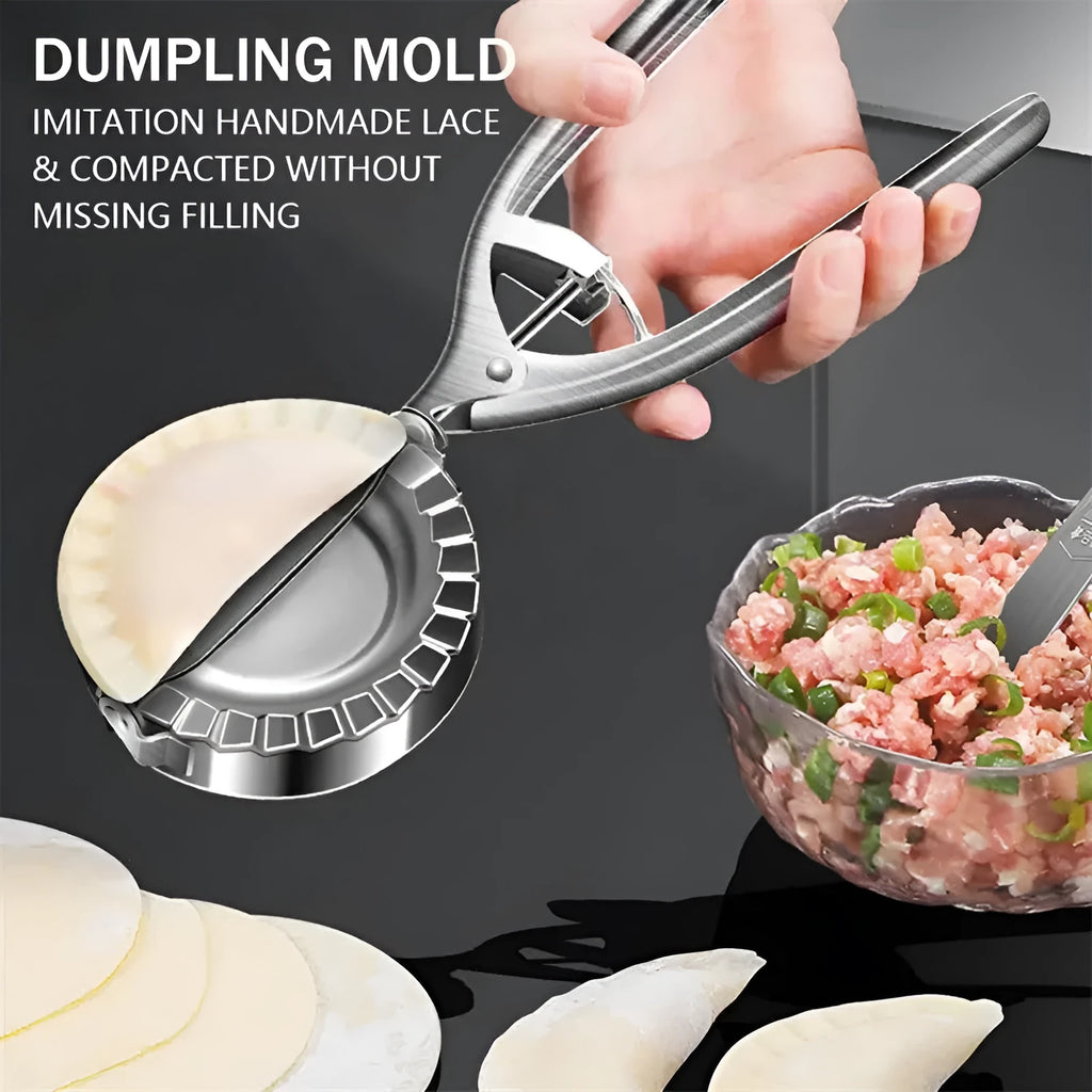 Silver stainless steel dumpling maker mould with handle for pressing homemade dumplings