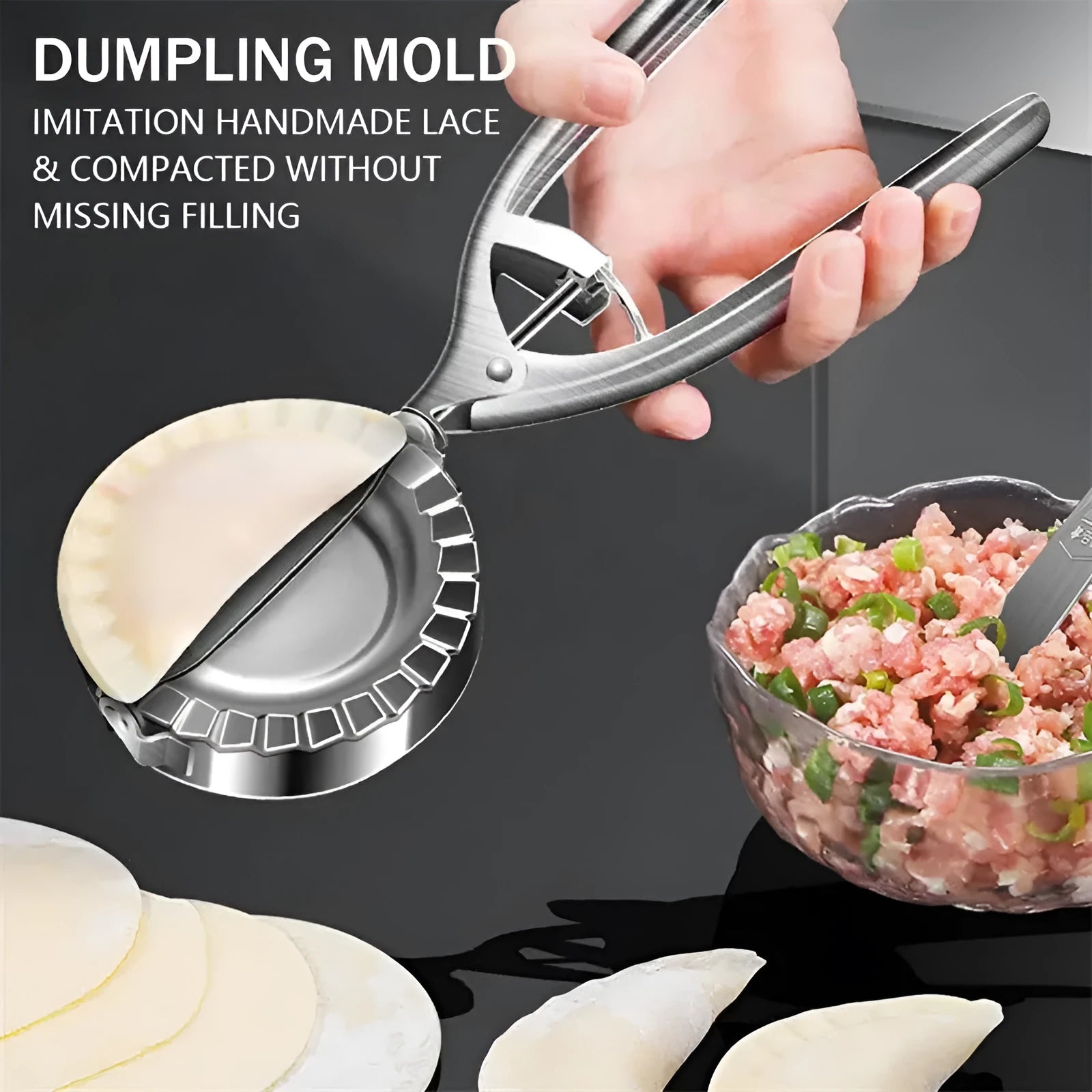 Silver stainless steel dumpling maker mould with handle for pressing homemade dumplings