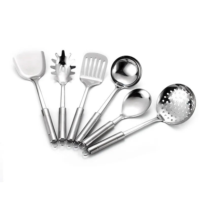 Anti-scalding 201 stainless steel 6-piece kitchenware set including stir-fried shovel, soup spoon, colander, and rice spoon