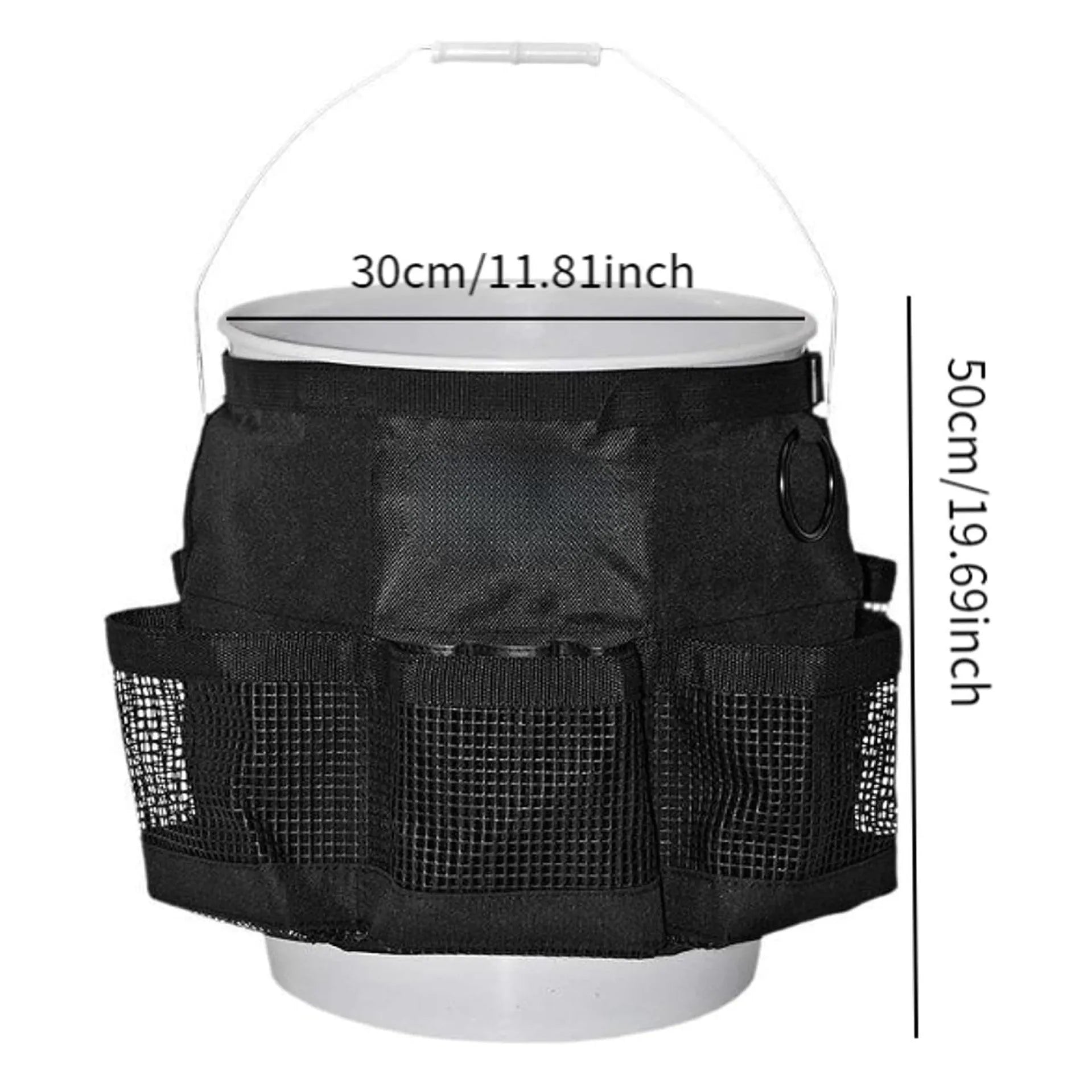 Black cylindrical polyester storage bag with straps hanging from a 5 gallon bucket.