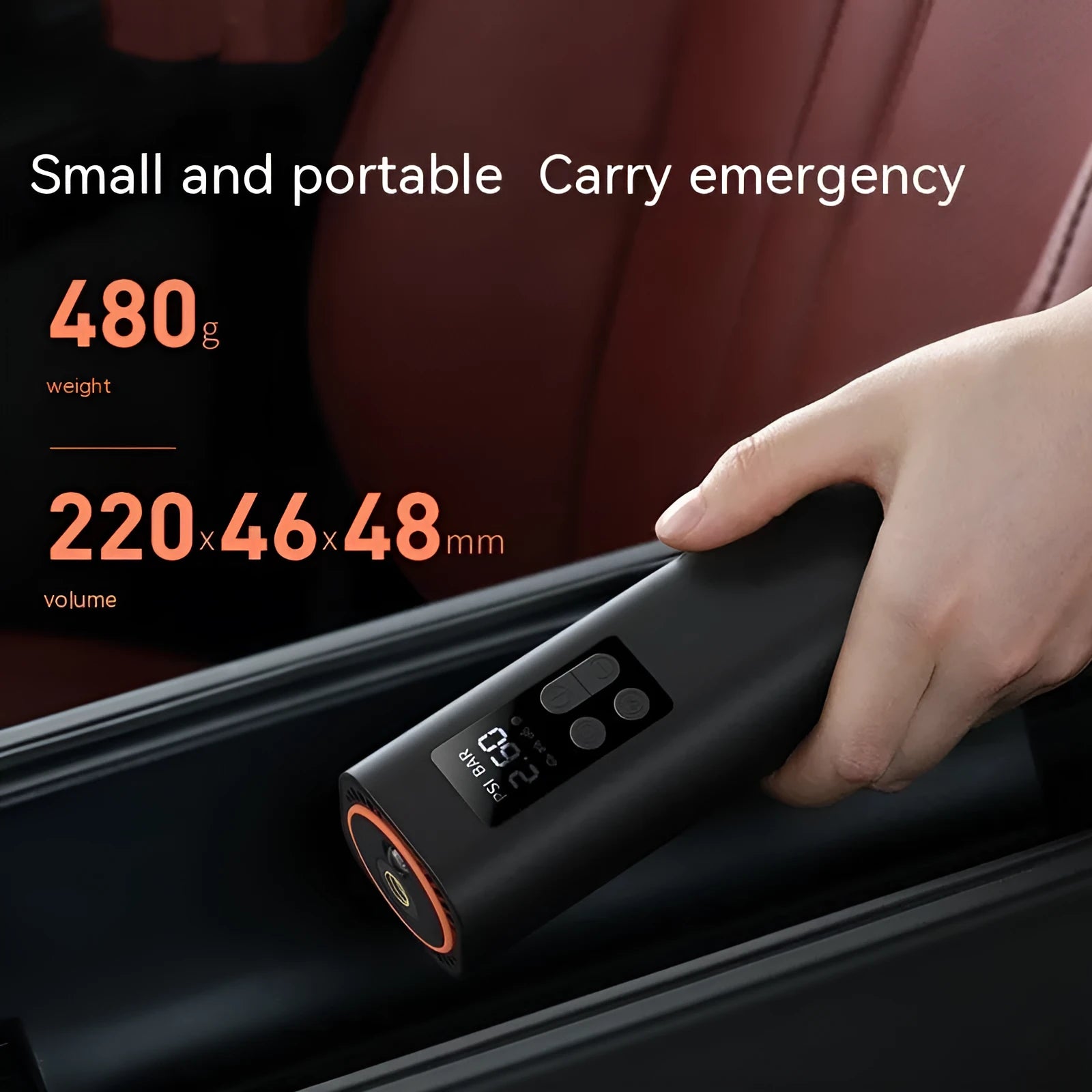 Black digital display car tyre inflator with compact 18cm ABS plastic housing