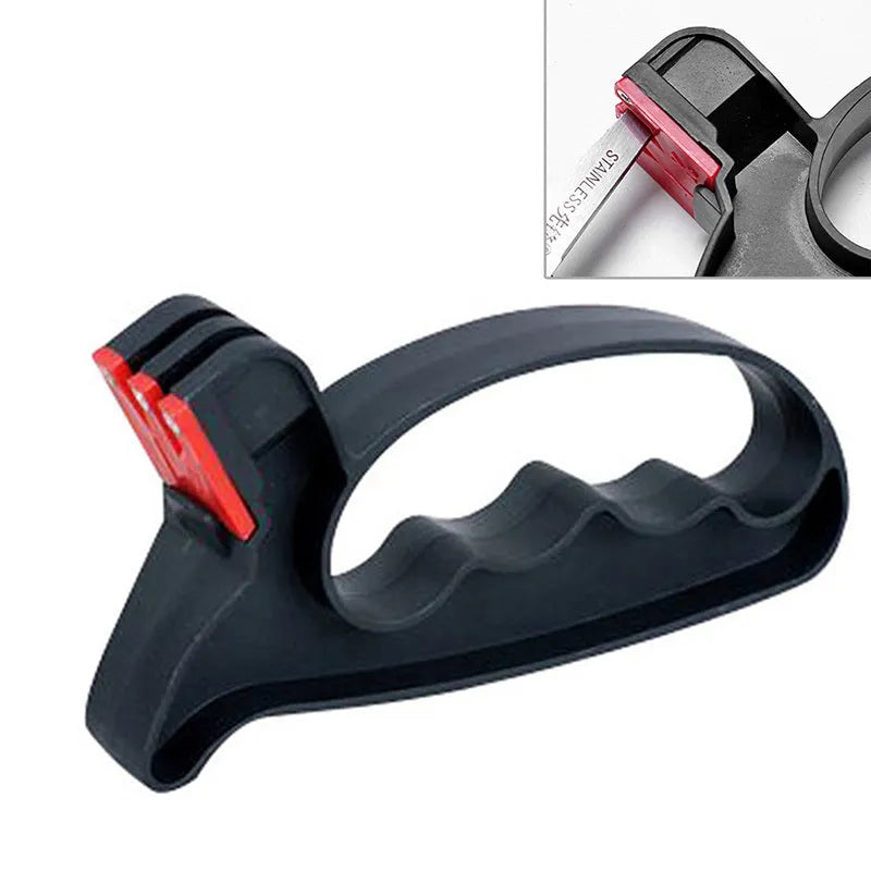 Black handheld knife and scissor sharpener with a tungsten steel blade