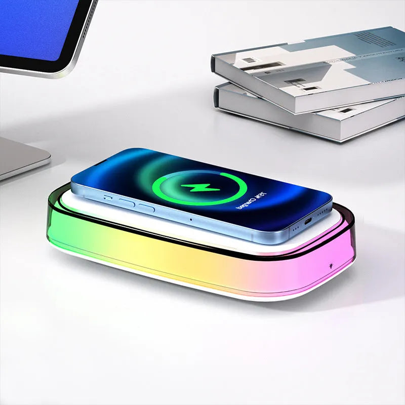 White 15W wireless fast charger with touch night lamp on a desk