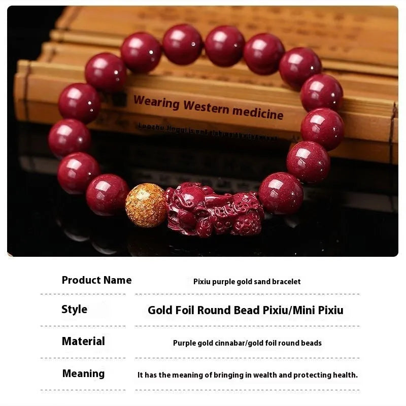 Purple gold sandstone cinnabar bracelet with polished beads and totem design on wrist