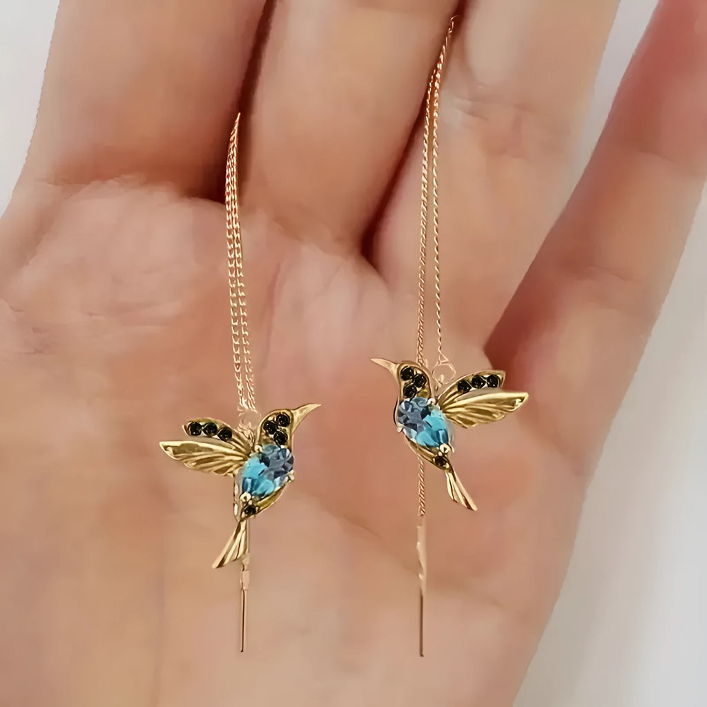 Bird hanging personalised long earrings with zirconium wings in blue, red or red lvzuan colours