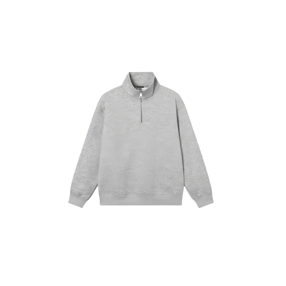 Grey half-zip stand collar cotton sweater with long sleeves on a hanger
