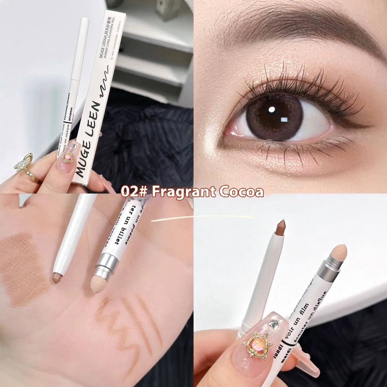 Waterproof 2-in-1 eye shadow pen showing various shades including gold, purple, and brown.