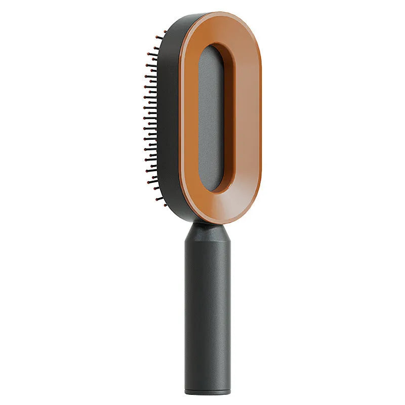 Self-cleaning air cushion hair brush in white, black gold, or black purple with ergonomic handle