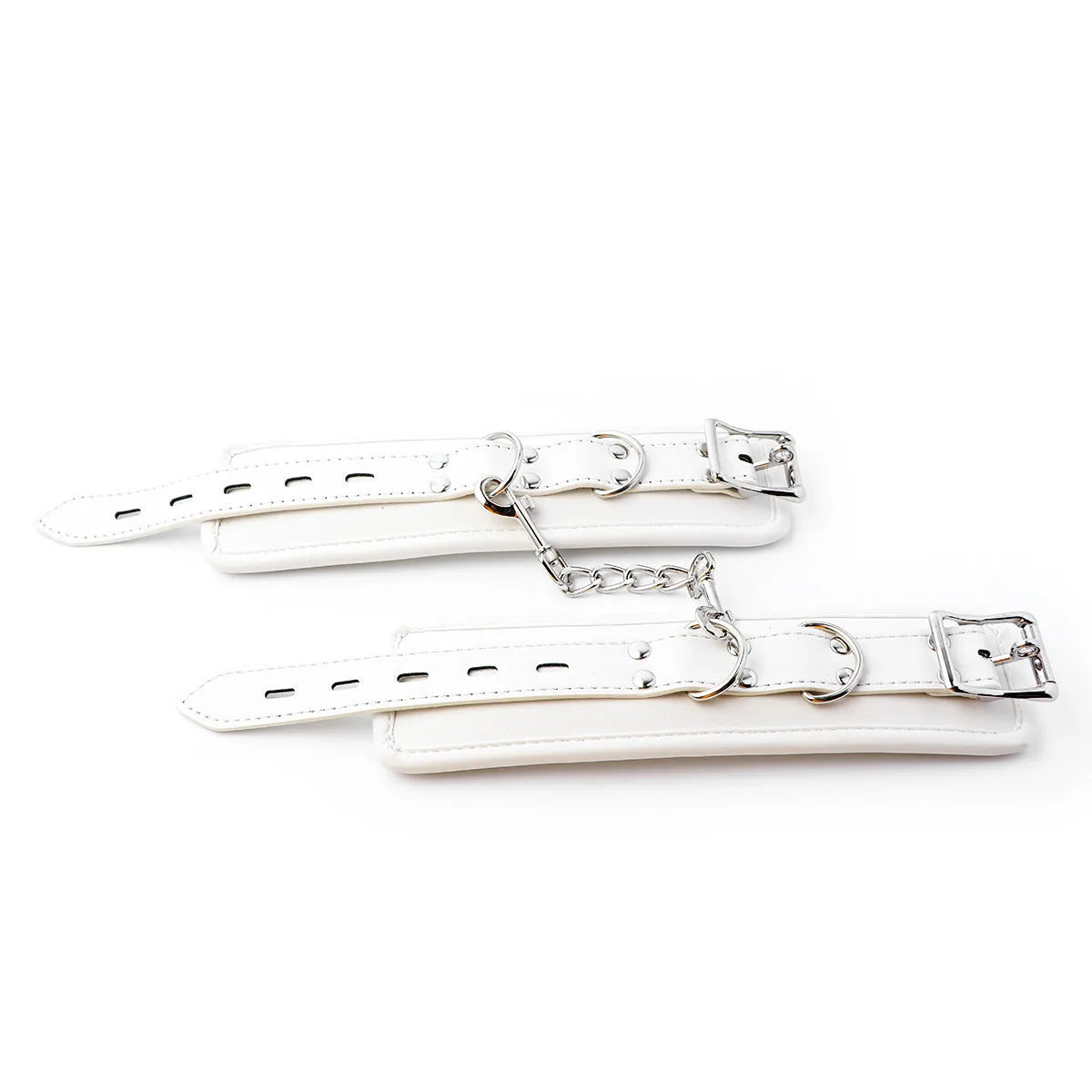 White PU sponge bondage cuffs set showing handcuffs, foot cuffs, and a neck cuff.