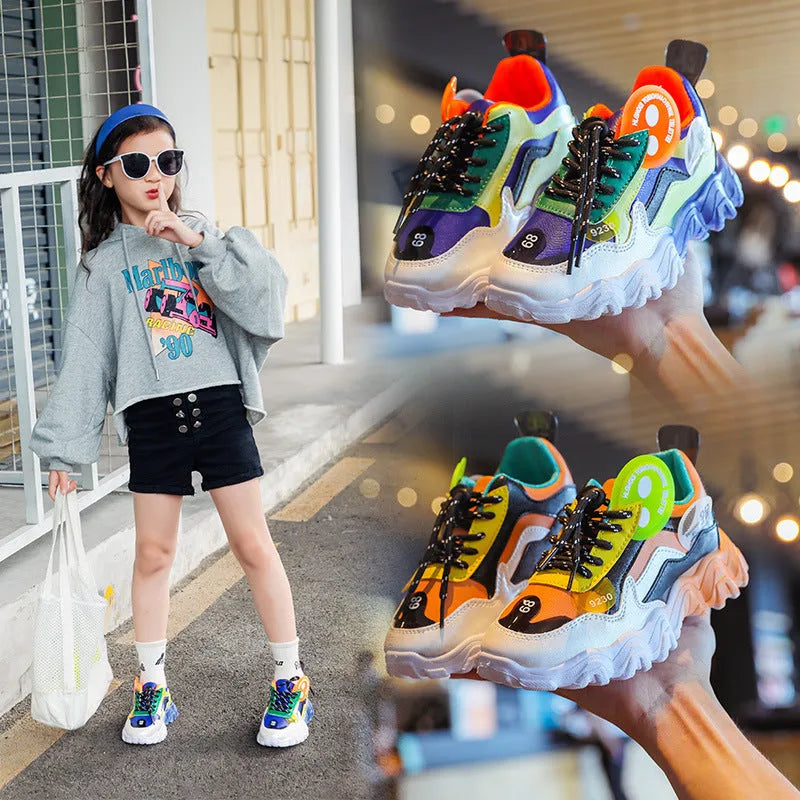 Children's colourblock sneakers in blue and orange with PU upper and wave bottom sole, sizes 26-37