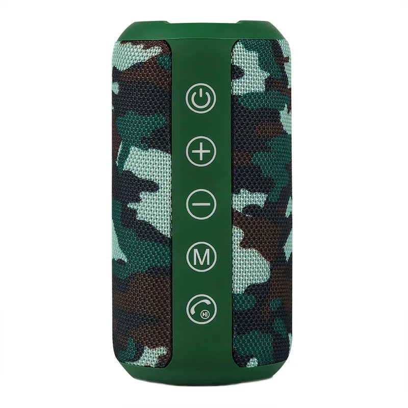 A compact outdoor waterproof card speaker in a choice of colours, shown with a Bluetooth symbol and music notes.