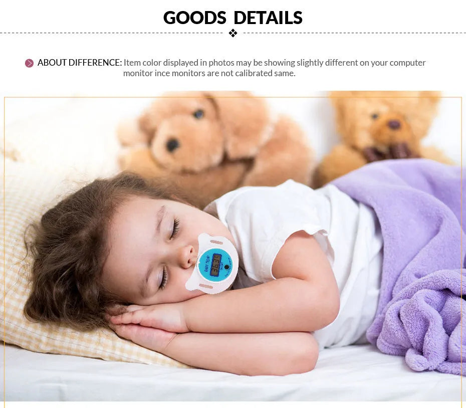Blue and pink baby pacifier digital thermometer with digital display screen for infant temperature monitoring