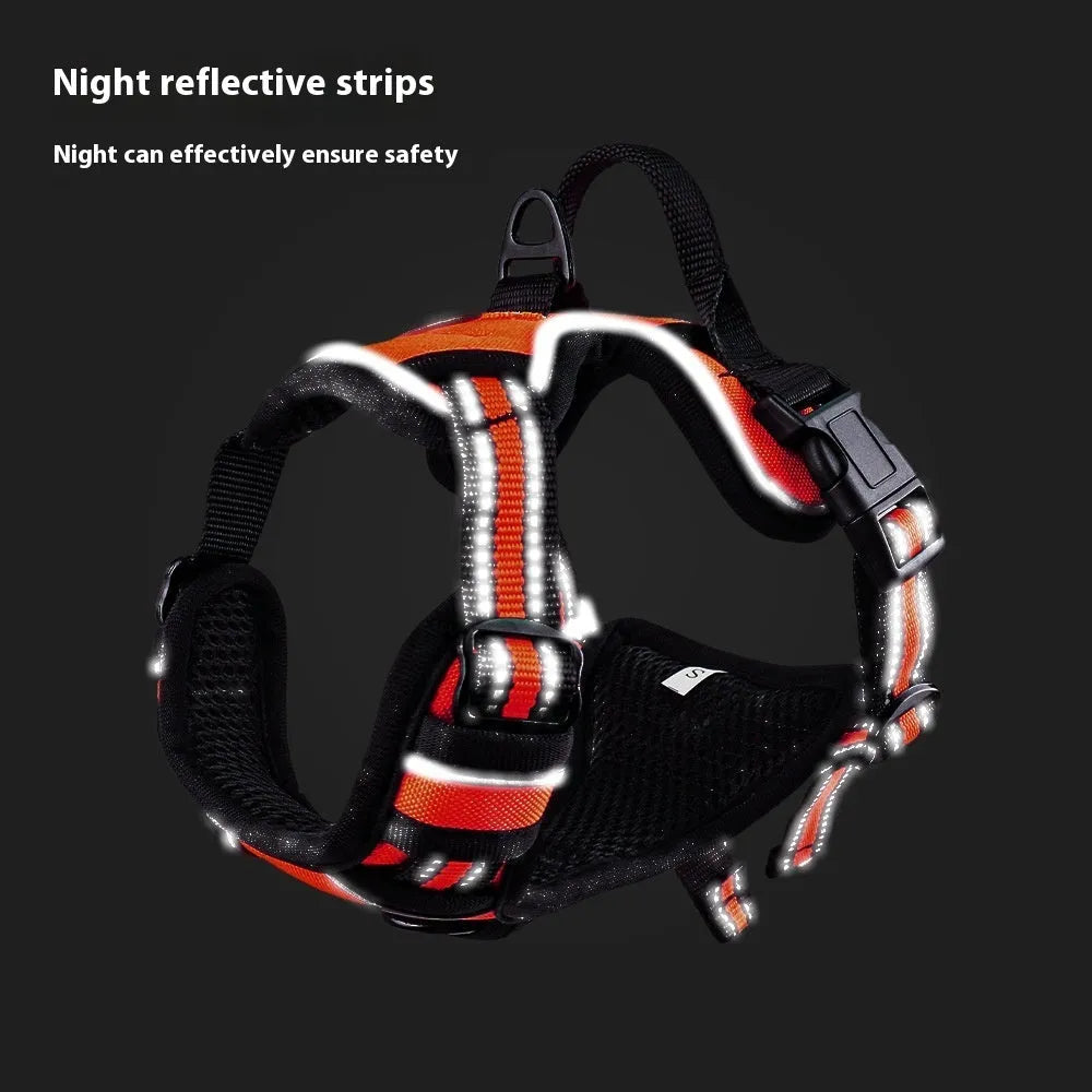 Adjustable Oxford cloth dog chest strap harness in multiple colours on a grey background.