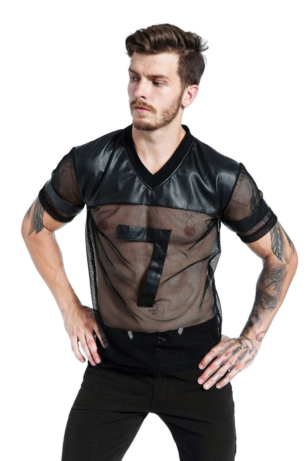 Black men's V-neck running t-shirt with mesh polyester fabric and short sleeves