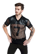 Black men's V-neck running t-shirt with mesh polyester fabric and short sleeves