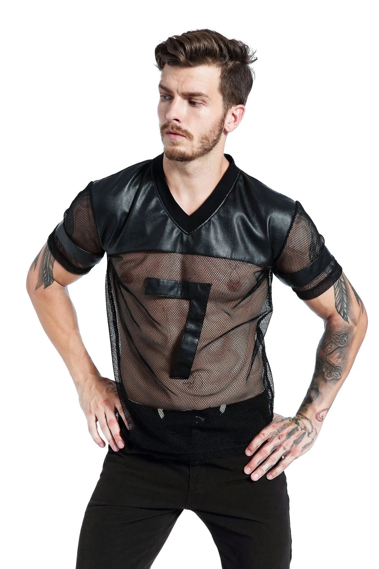 Black men's V-neck running t-shirt with mesh polyester fabric and short sleeves
