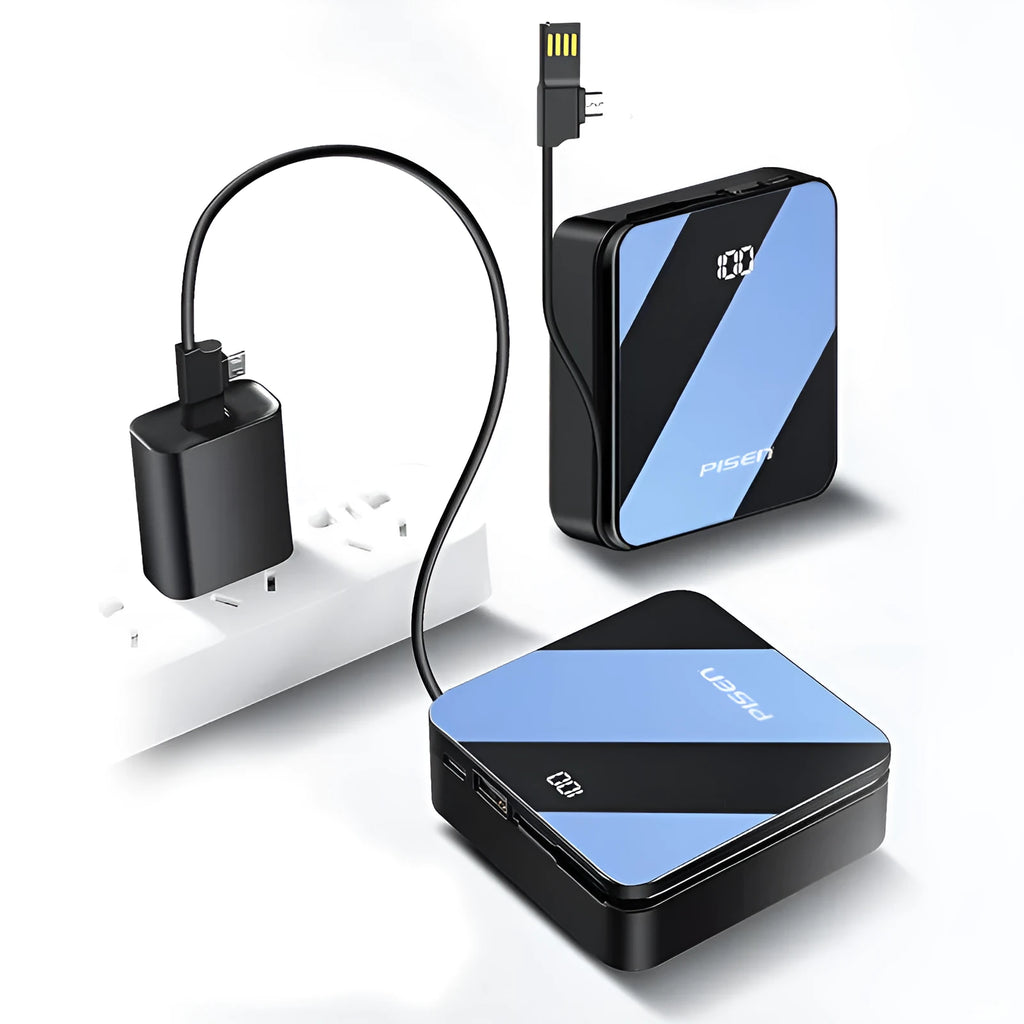 Mini 20000mAh black power bank with integrated cable and LCD screen display on a white background