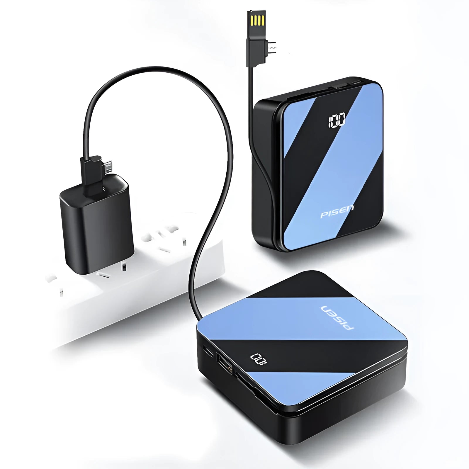 Mini 20000mAh black power bank with integrated cable and LCD screen display on a white background