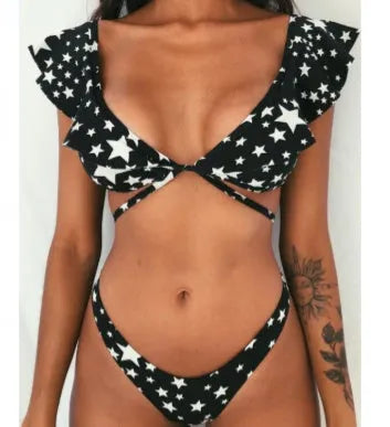Yellow floral print split bikini swimsuit with high elasticity nylon fabric
