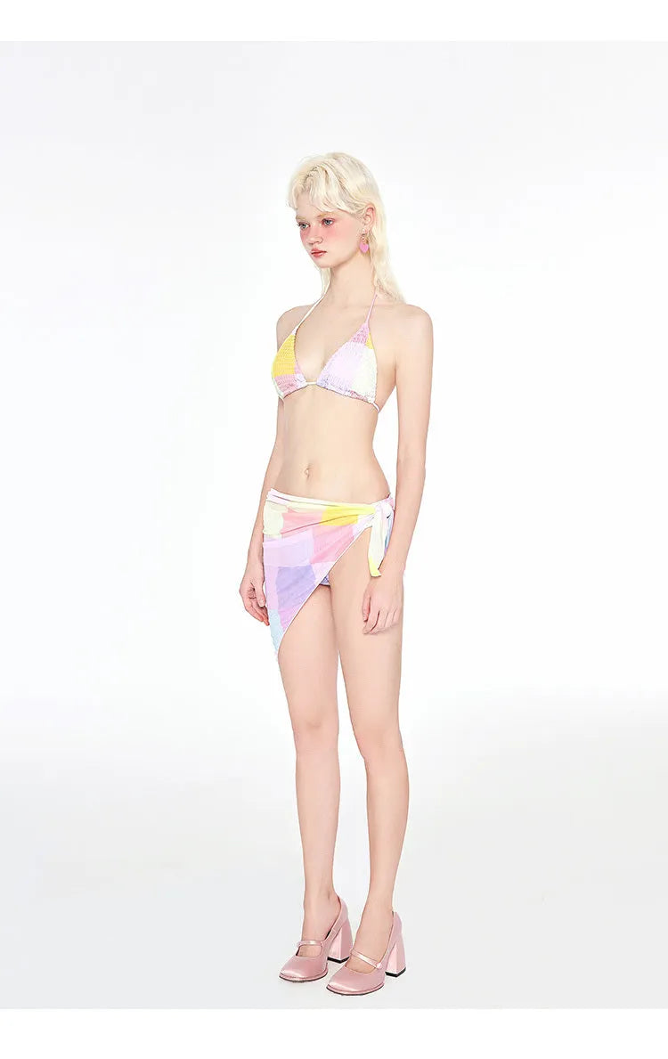 Rainbow Pink triangle style three-piece bikini swimsuit with wireless cups