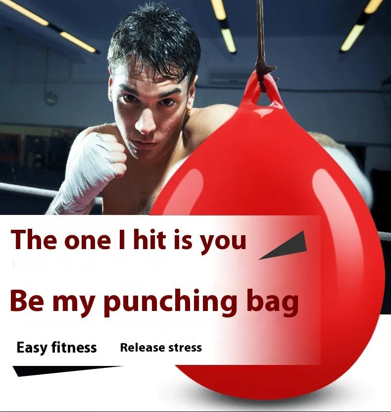 Red water-filled PVC boxing reaction ball with hook rope attachment for martial arts training
