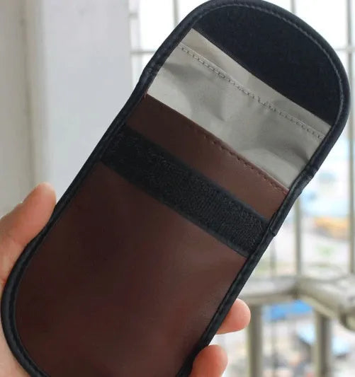Black microfiber RFID shielding bag for car keys and credit cards, shown with dimensions.