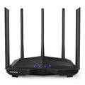 Black AC11 Gigabit wireless router with four network ports and multiple international plug options