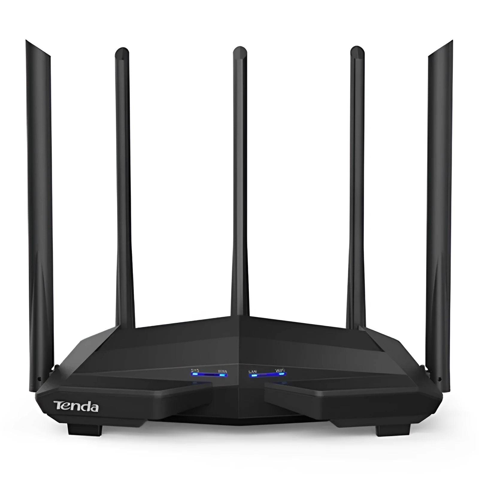Black AC11 Gigabit wireless router with four network ports and multiple international plug options