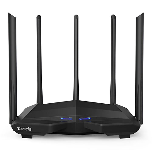 Black AC11 Gigabit wireless router with four network ports and multiple international plug options