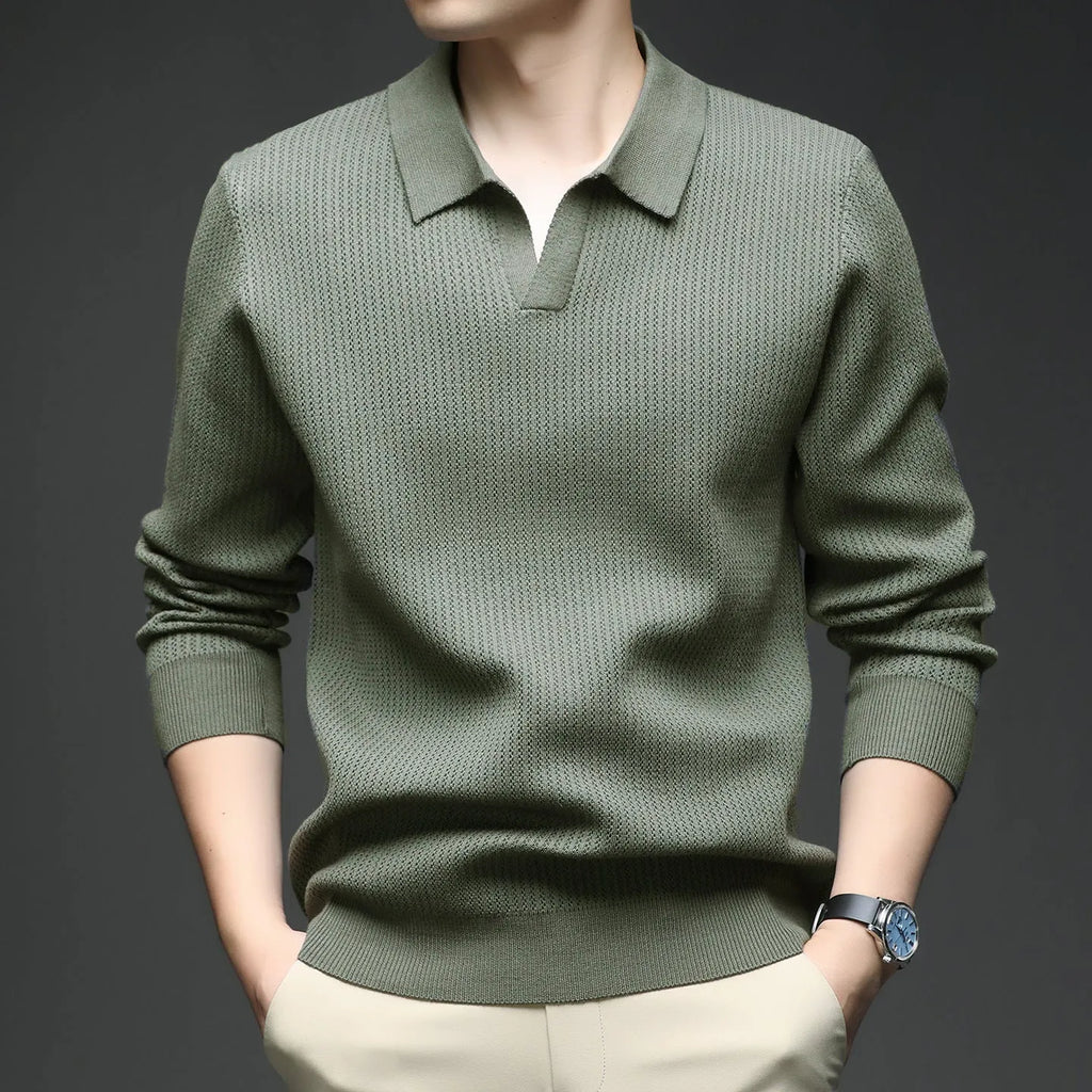 Men's loose pullover sweater in green colour showing casual autumn styling