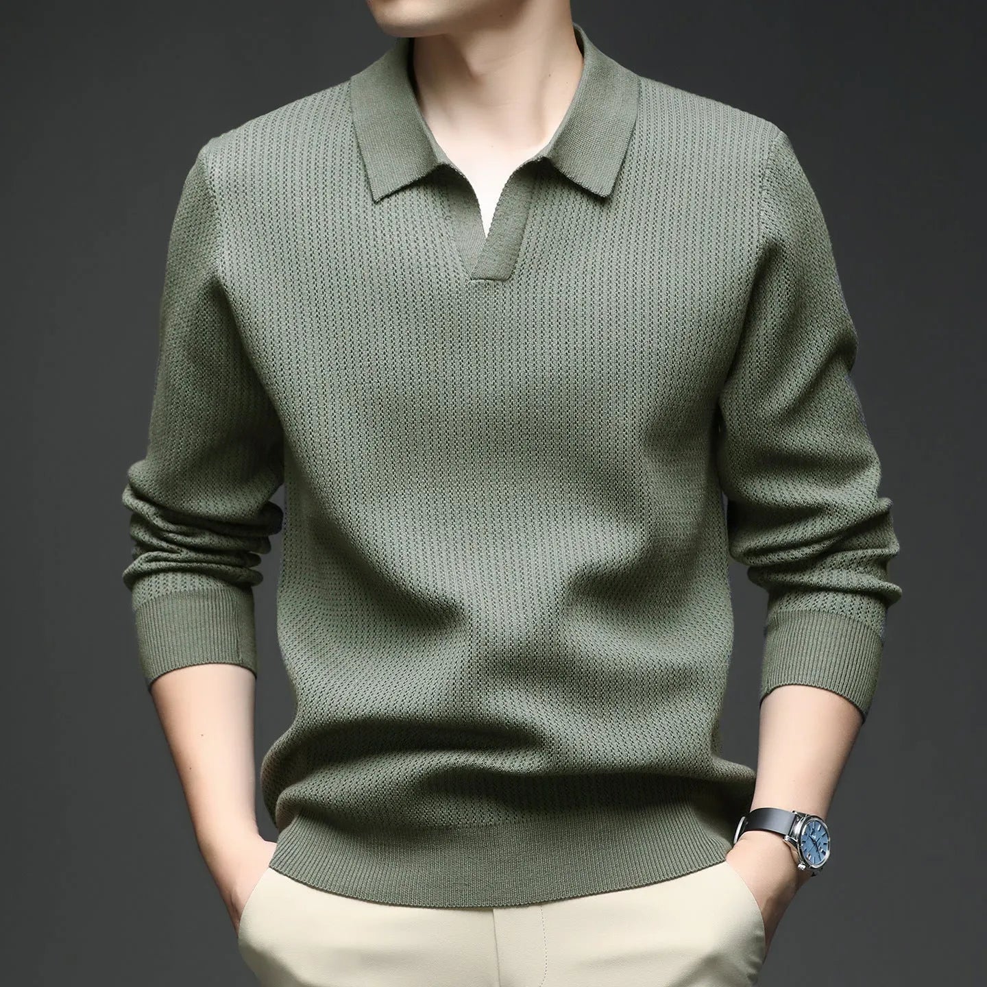Men's loose pullover sweater in green colour showing casual autumn styling