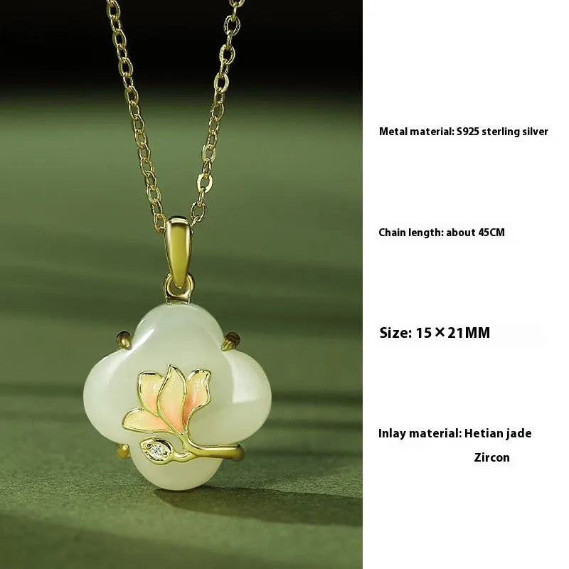 Magnolia Hetian jade necklace and bracelet set in 925 sterling silver with floral design
