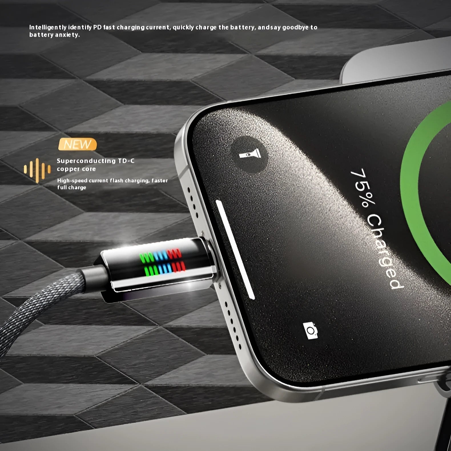 240W super fast charge Type-C woven cable with smart horse running light LED display in black, 1.2m length