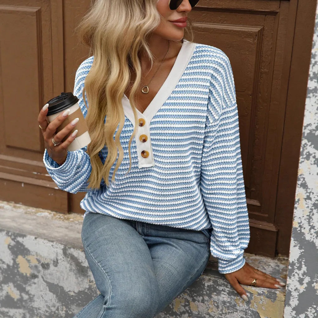 Women's V-neck patchwork casual pullover top in loose fit with long sleeves
