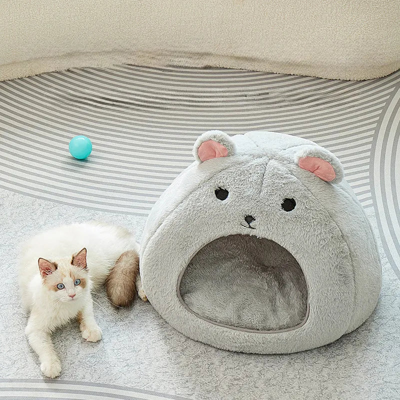 Cartoon cat and mouse all cotton soft fluffy pet bed house mat for small cats and dogs, light gray