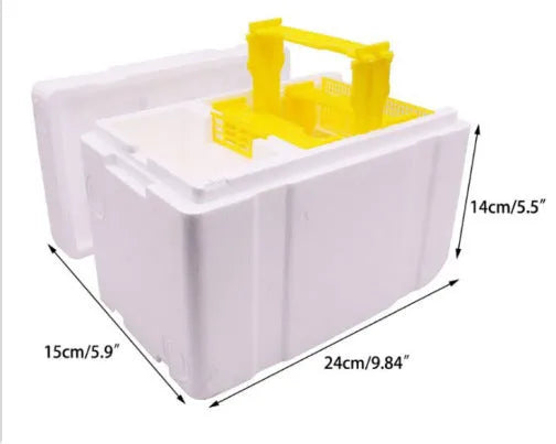 Three white EPS foam bee delivery boxes for beehive breeding and colony management.