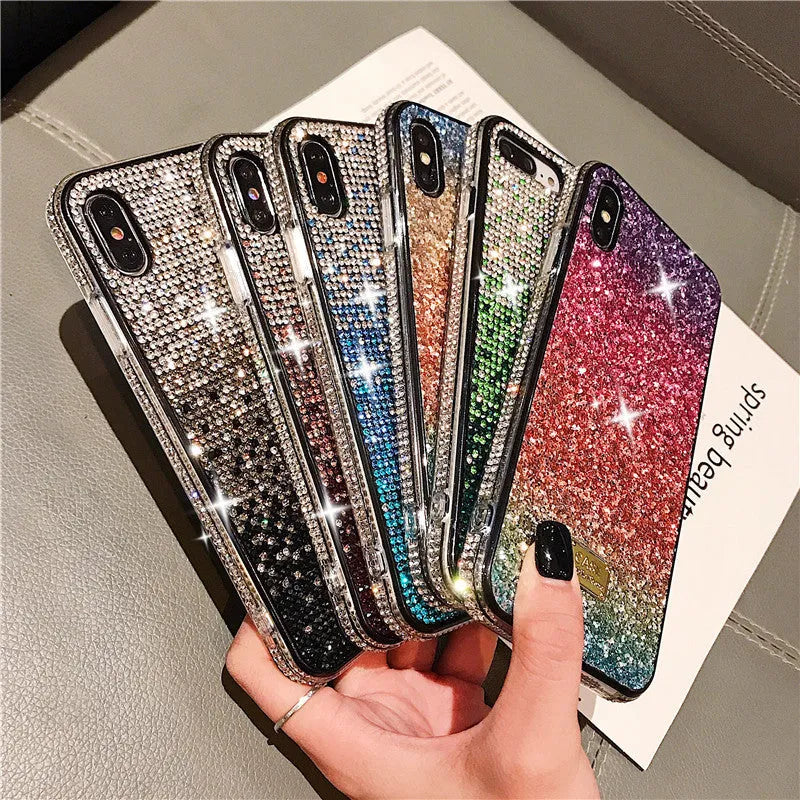 Rainbow stripe diamond iPhone case in TPU and PC, back cover style, available in blue, gold, orange and purple.