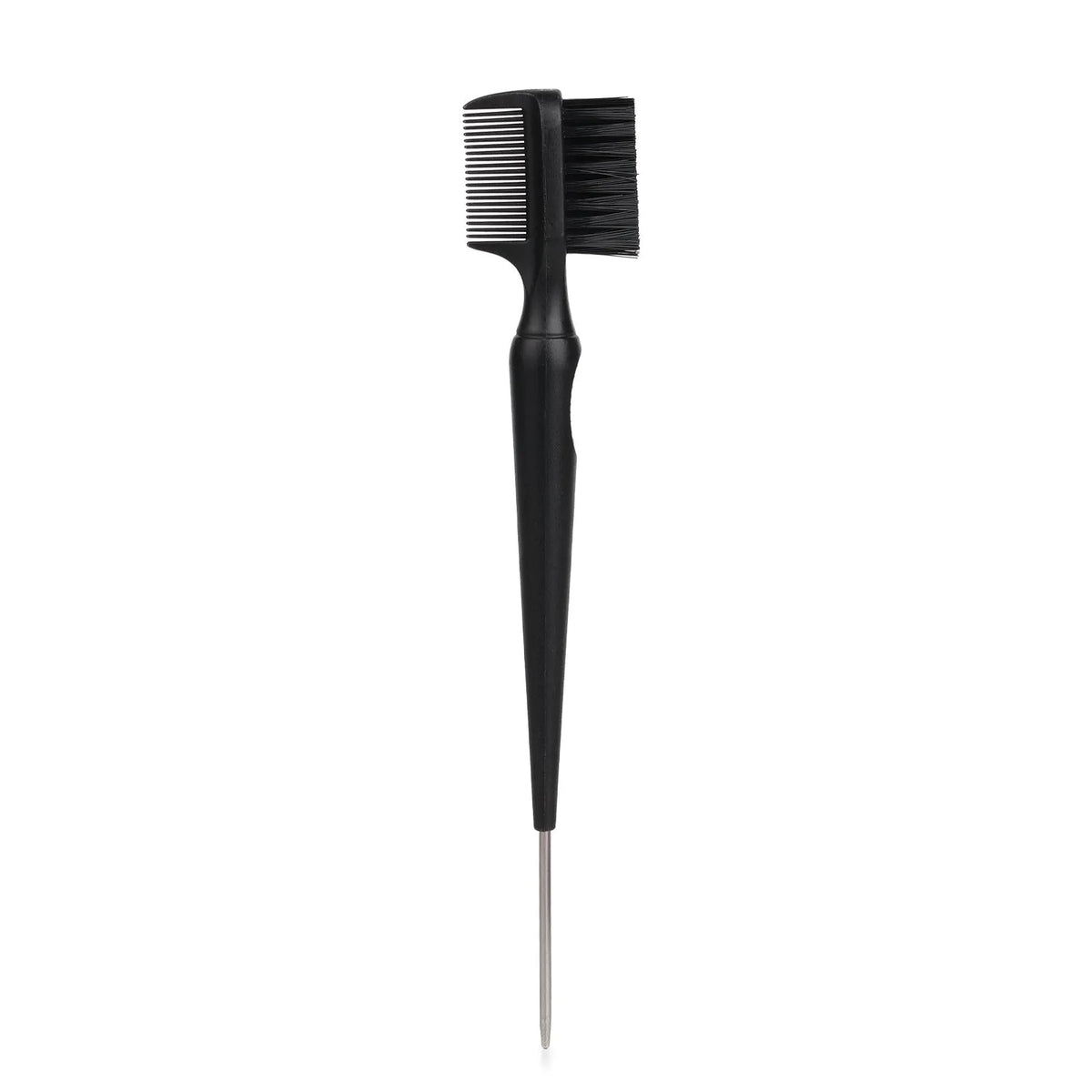 Double-headed steel needle eyebrow brush cleaner with plastic handle in black, pink, and purple colours over 20cm long