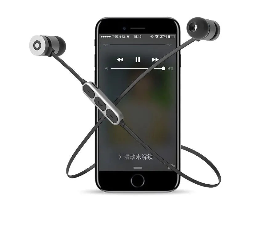 Metal magnetic sports Bluetooth wireless headset in neck-mounted configuration with earpieces