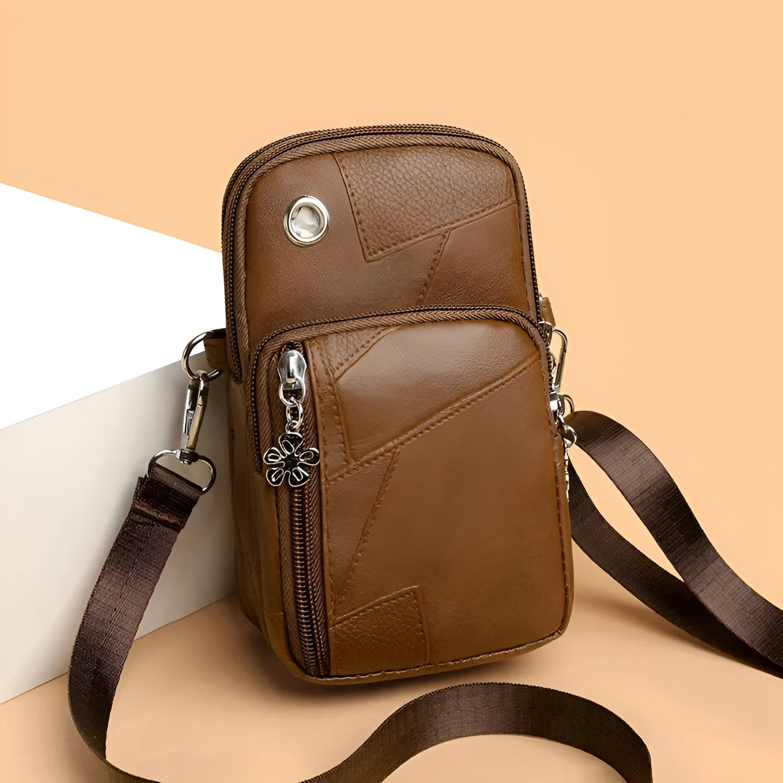 Vertical square mini phone bag in PU material with sandwich pocket, shown in available colours