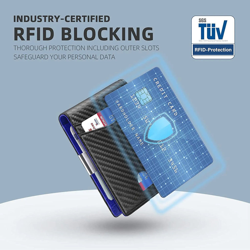 PU leather anti-theft card holder in carbon fibre black with multiple card slots.