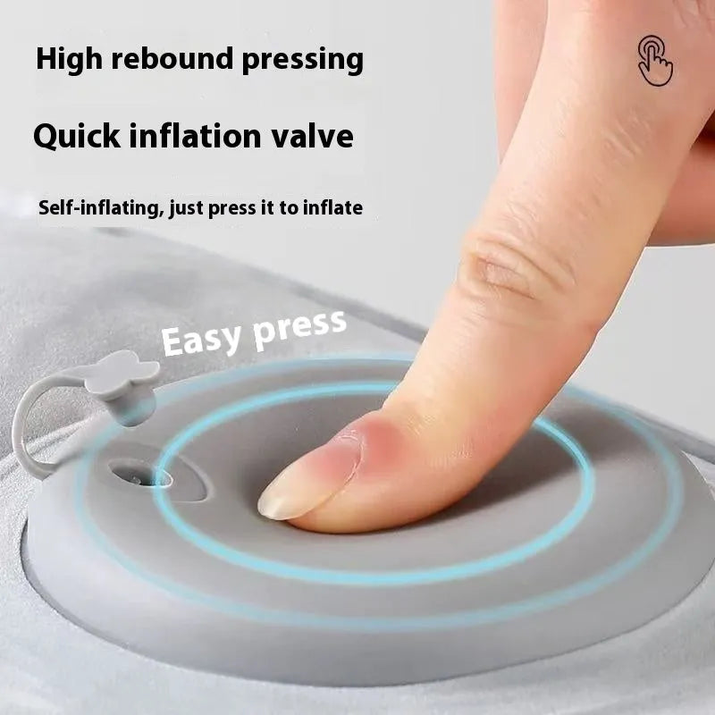 Inflatable seat cushion with flocked surface, shown inflated and folded for portability.