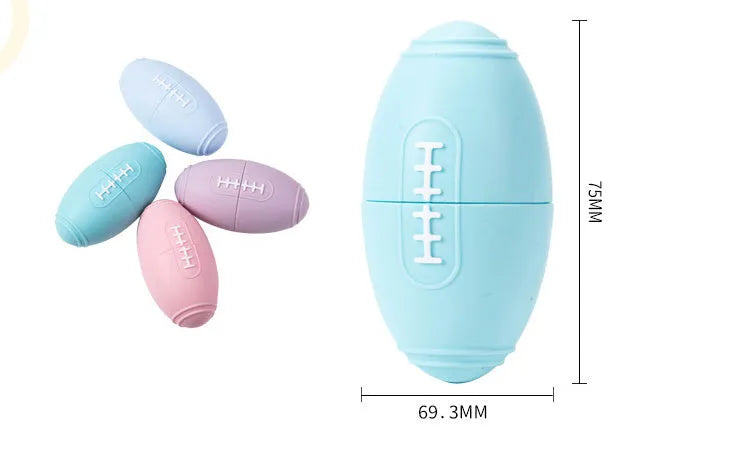 Blue silicone rugby ball dog chew toy with food dispensing holes