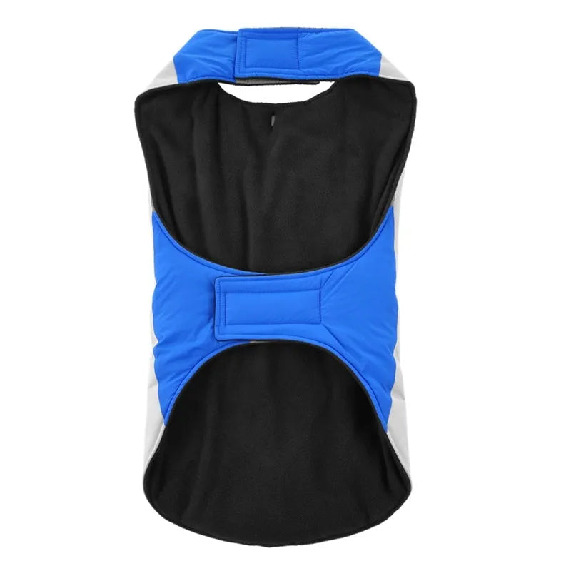 Winter dog coat for large breeds in blue or red, polyester, night reflective, sizes S to 2XL
